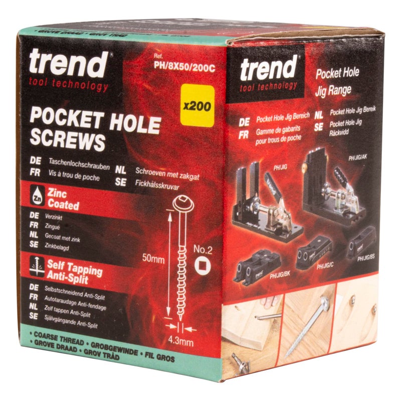 Trend Pocket Hole Screws for Softwoods, 2 Inch Long, Pack of 200, Coarse Self-Cutting Threaded Square Drive Screws, PH/8X50/200C - Image 3